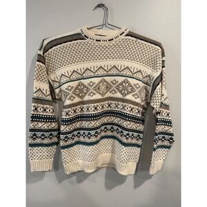 John‎ Weitz Mens Geometric Pattern Knit Sweater L Cream Brown Teal